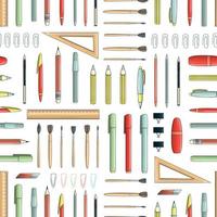 Vektor nahtlose Muster aus farbigem Briefpapier, Büro- oder Schulbedarf, Schreibmaterialien. geometrischer Wiederholungshintergrund mit isoliertem buntem Stift, Bleistift, Lineal, Pinsel, Binder, Büroklammer, Radiergummi,