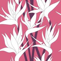 sömlös blommig mönster med örtartad växt av strelitzia. illustration av växt av paradisfågel. för tyg, textil, omslag papper, omslag, paket. blommor och tropisk löv. vektor