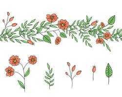 Vektor-Set von Gartenpflanzen-Design-Elementen und Musterpinsel. handgezeichnete Cartoon-Stil-Illustration. süße Sommer- oder Frühlingsvorlagen für Hochzeit, Urlaub oder Kartendesign vektor