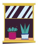 eingetopft Zimmerpflanzen auf Fensterbrett 2d linear Karikatur Objekte. wachsend exotisch Pflanzen durch Fenster isoliert Linie Elemente Weiß Hintergrund. Zuhause Garten Anbau Farbe eben Stelle Illustration vektor