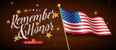 Denkmal Tag von das USA Banner Illustration mit amerikanisch Flagge, Gold Star und Typografie Beschriftung auf Jahrgang, Holz Hintergrund. National patriotisch Feier Design zum Postkarte, Flyer vektor