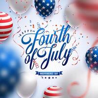 4:e av juli oberoende dag av de USA illustration med amerikan flagga mönster fest ballong och faller konfetti på ljus bakgrund. fjärde av juli nationell firande design med vektor