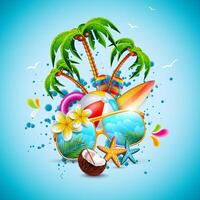 Sommer- Zeit Urlaub Illustration auf Himmel Blau Hintergrund. tropisch Pflanzen, Blume, Strand Ball, Surfen Planke, Kokosnuss und Sonnenbrille mit Palme Baum. Design Vorlage zum Banner, Flyer, Einladung vektor