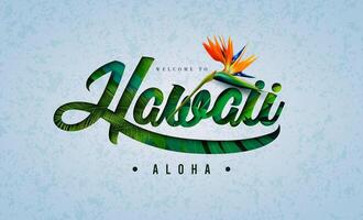 tropisch Sommer- Design mit Aloha Hawaii Beschriftung und Papagei Blume auf exotisch Palme Blätter Hintergrund. Urlaub Typografie Illustration mit tropisch Pflanze und Phylodendron zum Banner, Flyer vektor