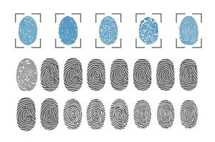 svart detaljerad fingeravtryck platt illustration uppsättning, elektronisk scanner av tumme skriva ut för brottslighet data isolerat uppsättning på vit bakgrund samling på proffs eps 10 vektor