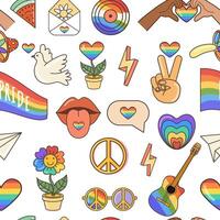 lgbtq nahtlos Muster. Symbole von das lgbt Stolz Gemeinschaft. eben Illustration im 70er Jahre retro Clip Art Design. vektor