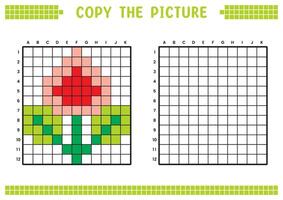 kopia de bild, komplett de rutnät bild. pedagogisk kalkylblad teckning med rutor, färg cell områden. barns förskola aktiviteter. tecknad serie, pixel konst. blomma knopp illustration. vektor