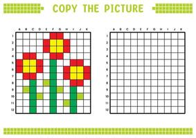 kopia de bild, komplett de rutnät bild. pedagogisk kalkylblad teckning med rutor, färg cell områden. barns förskola aktiviteter. tecknad serie, pixel konst. blomma växt illustration. vektor