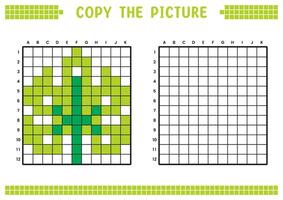 kopia de bild, komplett de rutnät bild. pedagogisk kalkylblad teckning med rutor, färg cell områden. barns förskola aktiviteter. tecknad serie, pixel konst. växt löv illustration. vektor