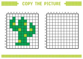 kopia de bild, komplett de rutnät bild. pedagogisk kalkylblad teckning med rutor, färg cell områden. barns förskola aktiviteter. tecknad serie, pixel konst. kaktus växt illustration. vektor