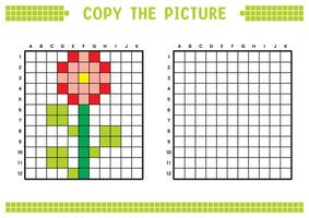 kopia de bild, komplett de rutnät bild. pedagogisk kalkylblad teckning med rutor, färg cell områden. barns förskola aktiviteter. tecknad serie, pixel konst. blomma växt illustration. vektor