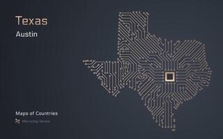 texas stat Karta med en huvudstad av austin visad i en mikrochip mönster. e-förvaltning. vektor