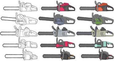 buntning uppsättning av motorsåg isolerat illustration, konst, motorsåg , bensin kedja fick syn på, modern motorsåg, konst begrepp, . vektor