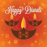 Lycklig diwali festival lyckönskningar fyrkant baner med diya lampa och ljus bokeh bakgrund vektor