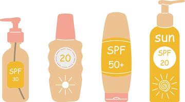 einstellen von Sonne Schutz Produkte, spf Schutz und Sonne Sicherheit Konzept, Sommer- Produkte spf Lotion, Creme, sprühen, spf Clip Art vektor