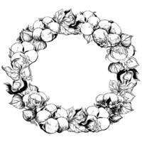 runda bomull ram med Plats för text. vit bomull blommor använder sig av gravyr Metod. vit bomull bollar, löv och grenar. retro illustration. bläck teckning. vektor