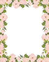 romantisch Blumen- horizontal rahmen, elegant Pastell- Rosa Blumen, Knospen und Grün Blätter. ein Kranz von Sommer- Blumen zum ein Hochzeit Einladung im Provence Stil. eben Illustration. vektor