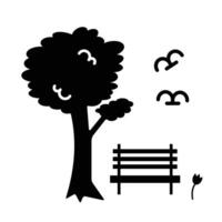 Park Symbol mit Bank, Baum, Vögel, und Blumen Silhouette Illustration isoliert auf Platz Weiß Hintergrund. einfach eben Poster Zeichnung zum Drucke. vektor