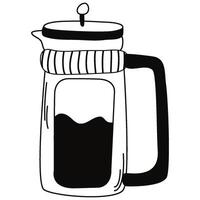 Französisch Drücken Sie Kaffee Hersteller im Gekritzel Stil. Glas Teekanne voll mit Kaffee oder Tee. Symbol Sammlung zum Speisekarte, Kaffee Geschäft. vektor