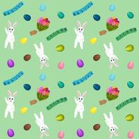 flerfärgad påsk ägg, kanin och kuber på en mynta bakgrund. sömlös färgad mönster vektor