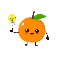 süß komisch Karikatur Orange Obst mit Idee Licht Birne vektor