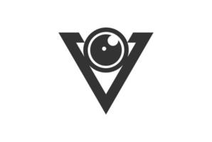 triangel initial bokstav v med öga kameralins för vision logotyp design vektor