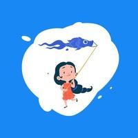 ein Mädchen startet einen Drachen in Form eines Fisches. Vektor. Luft und Wasser. Geschäft mit Kinderartikeln und Spielzeug. vektor