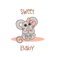 handritade söta djur med bokstäver. en mus med en rosa rosett och ett hjärta. söt bebis. vit bakgrund. vektor. vektor