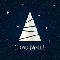 silberne Silhouette eines Weihnachtsbaumes mit Schnee und Sternen auf dunkelblauem Hintergrund. Frohe Weihnachten und ein glückliches neues Jahr 2022. Vektor-Illustration. ich liebe Winter.
