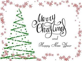 handgeschriebener schwarzer Schriftzug auf weißem Hintergrund. magischer grüner Weihnachtsbaum aus Pinselstrichen mit roten Schneeflocken. Frohe Weihnachten und einen guten Rutsch ins neue Jahr 2022. vektor