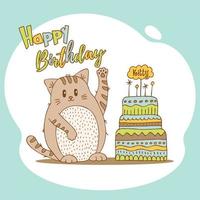 handritade söta djur med bokstäver. katt med tårta med ljus. Grattis på födelsedagen. vektor. vektor