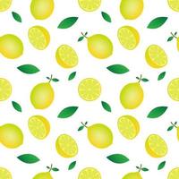 nahtlose Mustervektorillustration der gelben Zitronenfrucht und des grünen Blattdesigns. weißer Hintergrund. Design für Tapeten, Hintergrund und Druck auf Stoff. moderne Vorlagen vektor