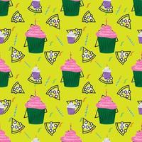 Musterdesign für Kuchen, Pizza und Kerzen. gelber Hintergrund. Lebensmitteldesign für Tapeten, Kulissen, Cover, Verkauf, Aufkleber und Grafikdesign. Vektor-Illustration vektor