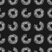 nahtlose Muster Donuts Kuchen Skizze Design mit Strichzeichnungen. schwarzer Hintergrund. Lebensmitteldesign für Tapeten, Kulissen, Cover, Verkauf, Shop und Grafikdesign. Vektor-Illustration vektor