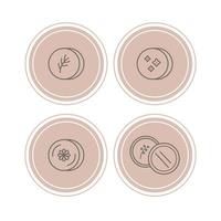 ikonuppsättning av solida ekologiska schampon och hörbalsam. hårvårdskosmetika i en aluminiumburk med lock. platt linje ikoner i rosa cirklar vektor