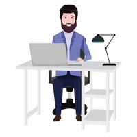 vacker affärsman frilansare karaktär placeras på skrivbordet med modern kontorsstol och bordslampa med pc laptop vektor