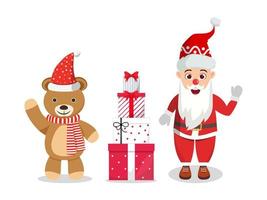 süße schöne Weihnachtsmann-Figur und Braunbär-Figur, die Weihnachtsoutfit trägt und bunt winkt und Geschenkboxen hält und isoliert winkt vektor