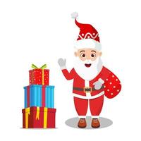 süßer schöner Weihnachtsmann, der Weihnachtsoutfit trägt und bunt winkt und Geschenkboxen hält und isoliert winkt vektor