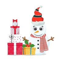 süßer schöner Schneemann-Charakter, der Weihnachtsoutfit trägt und bunt winkt und Geschenkboxen hält und isoliert winkt vektor