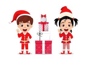 süßer schöner Kinderjunge und -mädchencharakter, der Weihnachtsoutfit trägt und bunt winkt und Geschenkboxen hält und winkt vektor
