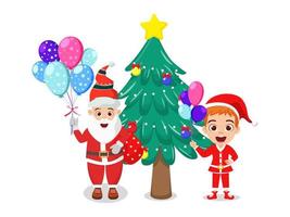 süßer schöner Weihnachtsmann und kleiner Junge, der Weihnachtsoutfit trägt und bunt winkt und Geschenkboxen und Luftballons hält und winkt und mit Weihnachtsbaum vektor