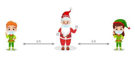 süßer, schöner Kinderjunge und -mädchen-Charakter Santa-Charakter, der Weihnachtsoutfit und Gesichtsmaske trägt, die ein Plakat hält und 6ft soziale Distanz isoliert hält vektor