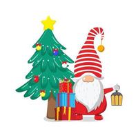 söt vacker tomtekaraktär som bär juldräkt och vinkar färgglad och står med presentförpackningar och med julgran och lampa vektor
