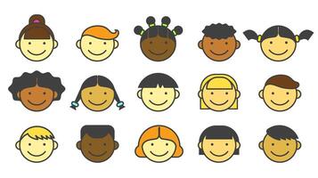 uppsättning av glad rolig ansikten av ungar. platt Färg illustration. vektor