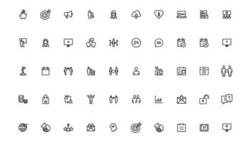 företag och lagarbete linje ikoner uppsättning. affärsman översikt ikoner samling. pengar, investering, lagarbete, möte, partnerskap, möte, arbete framgång.översikt ikon . vektor