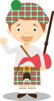 Charakter von Schottland gekleidet im das traditionell Weg mit Kilt und Dudelsack. Illustration. Kinder von das Welt Sammlung. vektor