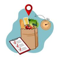 Lieferung Service. Tasche von Lebensmittel. Einkaufen Liste. vektor