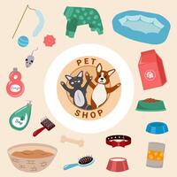 Haustier Geschäft einstellen von Illustrationen. Karikatur Hund und Katze. Haustier Produkte - - Haustier Essen, Betten, Spielzeuge, Schalen, Kleider usw. vektor