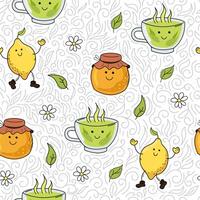 Zitrone, Honig, Grün Tee - - süß Gekritzel nahtlos Muster. komisch Karikatur Figuren. vektor