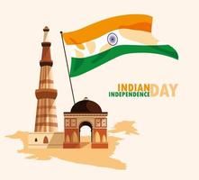 indiska självständighetsdagen affisch med flagga och jama masjid vektor
